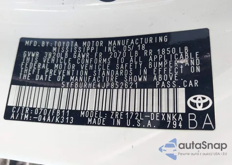 2018 Toyota Corolla Le из США, поврежденный, VIN 5YFBURHE4JP852621